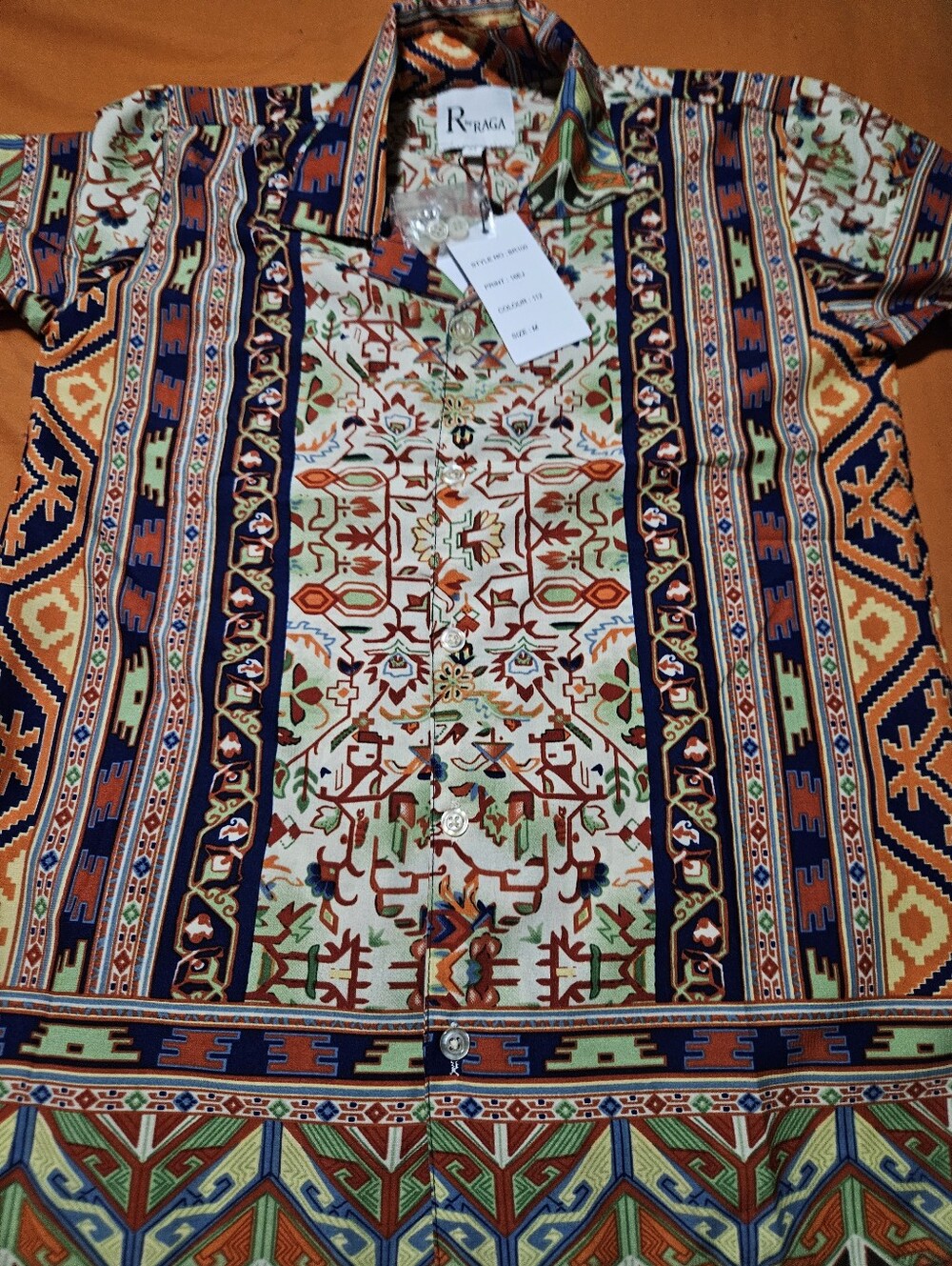 Nwt RAGA Men's Green, Orange & Navy Geometric Print Short-Sleeve Shirt